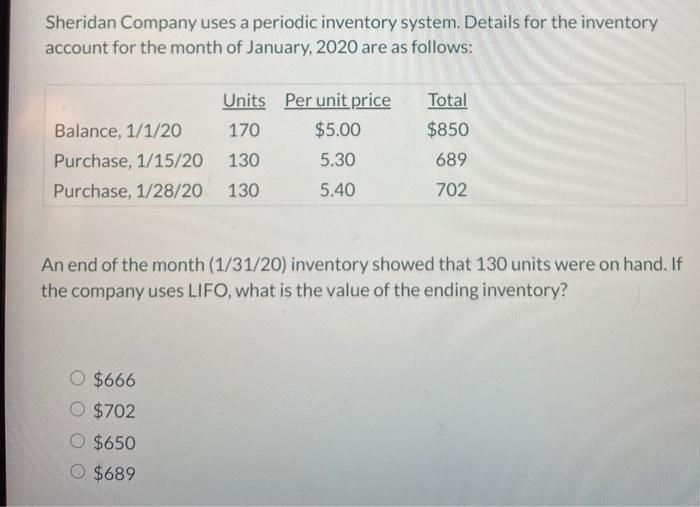 Sheridan company uses a periodic inventory system