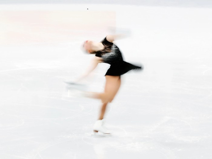 An ice skater is spinning about a vertical axis